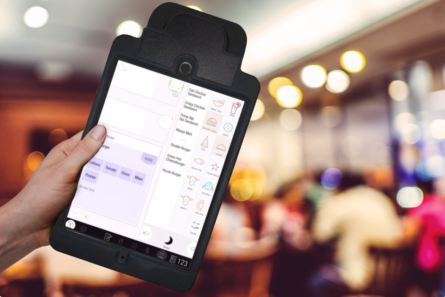 Handheld restaurant point-of-sale device displaying ordering controls